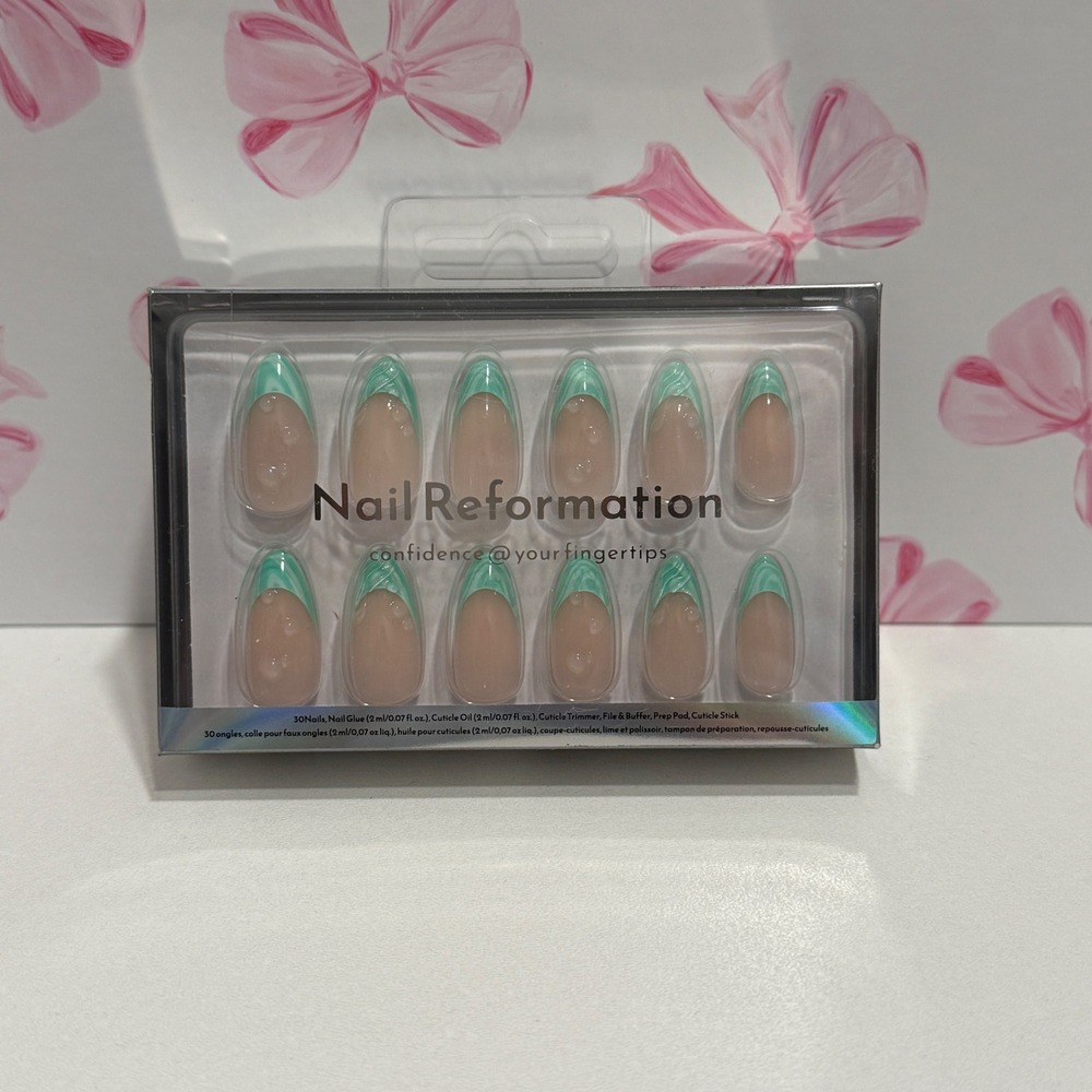 Nail‎ Reformation Mint Green Marble French Tip 3D Water Drop Press On Nail Kit